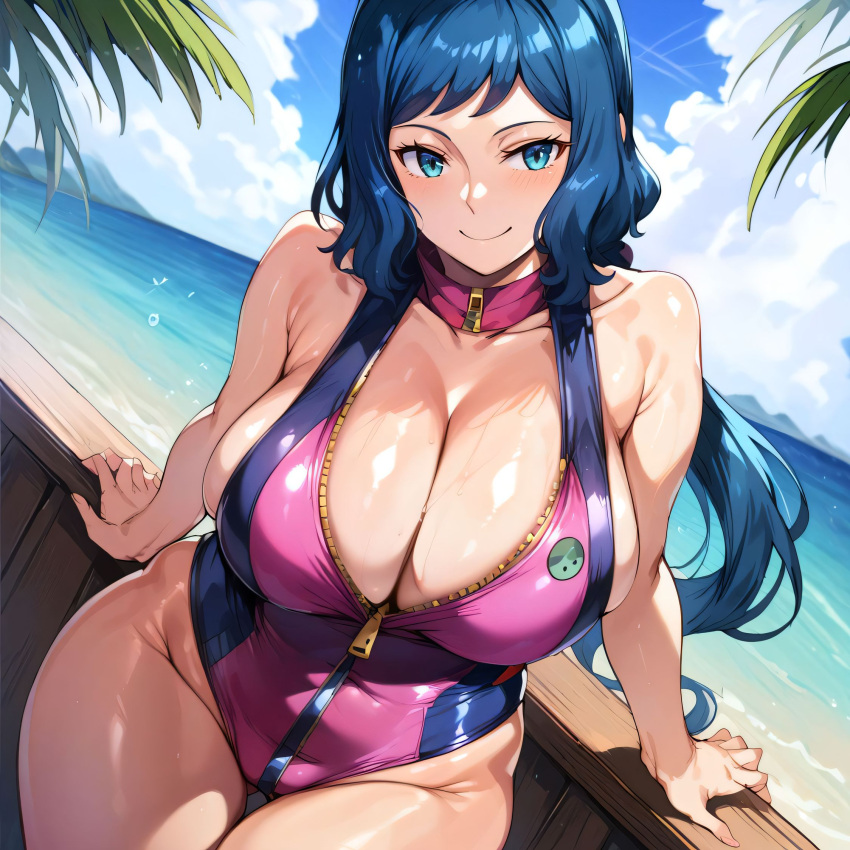 1girls ai_generated alternate_breast_size big_breasts bikini bostin breasts busty curvaceous curvy curvy_body curvy_female curvy_figure female gundam_build_fighters huge_breasts iori_rinko large_breasts nipples one-piece_swimsuit sweat sweating sweaty sweaty_body sweaty_breasts swimwear thick_thighs thighs venus_body