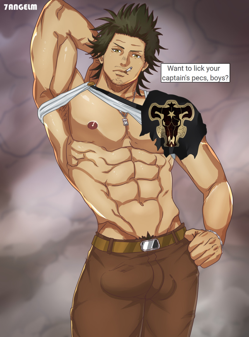 1boy 7angelm bara beard_stubble biceps big_bulge black_clover bulge clothing english_text male male_nipples male_only muscular_male nipples pecs penis_outline text tight_clothing yami_sukehiro