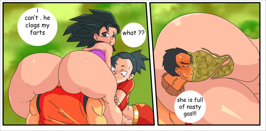 1boy 2girls caulifla comic dragon_ball dragon_ball_super english_text fart fart_fetish female kale kefla male multiple_girls nightmarexbx son_gohan tagme text