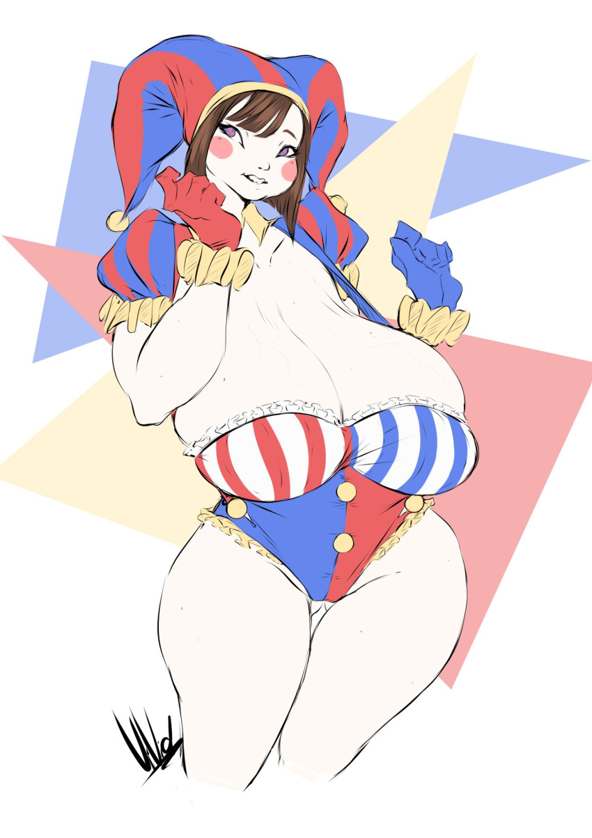 1girls alternate_breast_size big_boobs big_breasts big_tits boobs breasts clown clown_girl dullvivid female female_only heavy_breasts pomni pomni_(the_amazing_digital_circus) sagging_breasts smile smiling solo the_amazing_digital_circus thick thick_tights tits