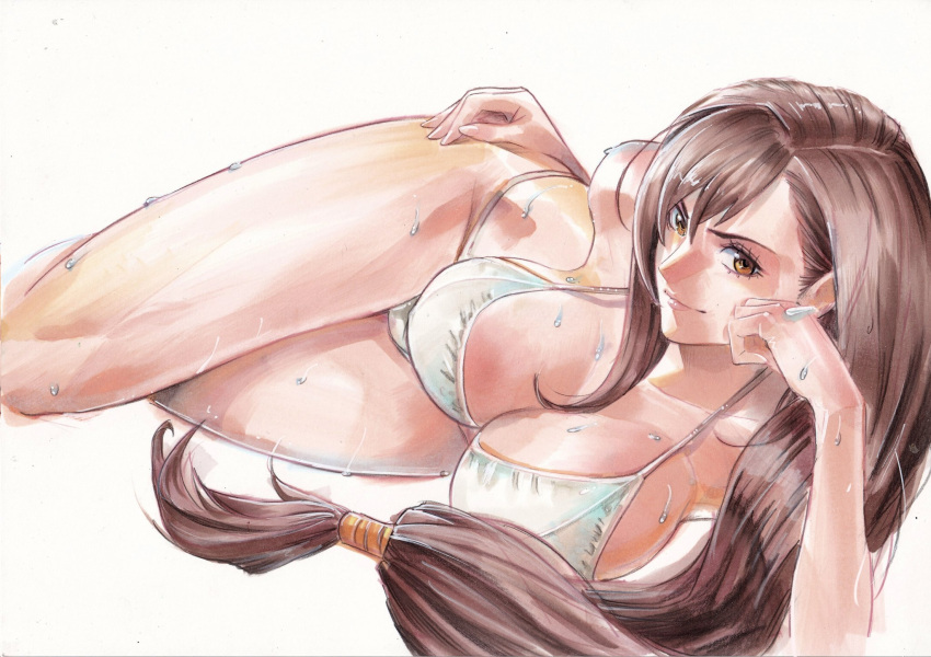 1girls big_breasts bikini brown_hair female final_fantasy final_fantasy_vii long_hair lying_on_side red_eyes ro_yoshimiya smile square_enix tifa_lockhart wet_skin