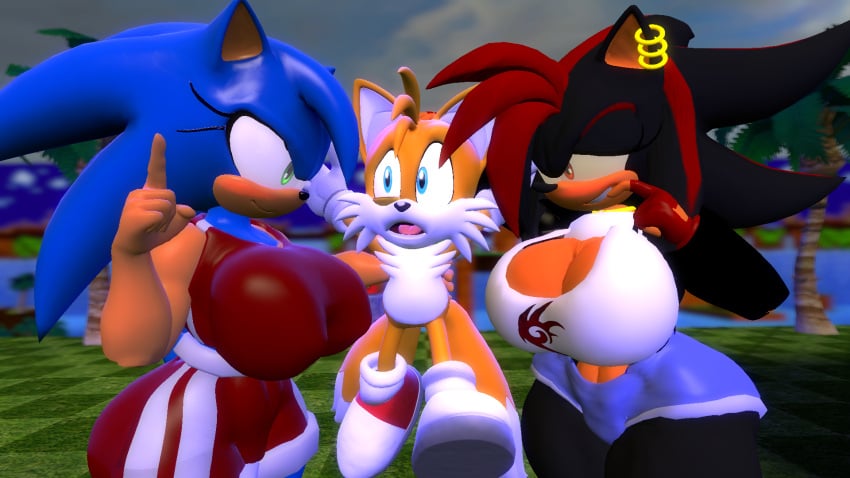 3d 3d_(artwork) age_difference big_breasts blush finger_wag medibirb nervous rule_63 scared shade_the_hedgehog shadow_the_hedgehog smile sonic_(series) sonic_the_hedgehog sonique_the_hedgehog tails tails_the_fox younger_male