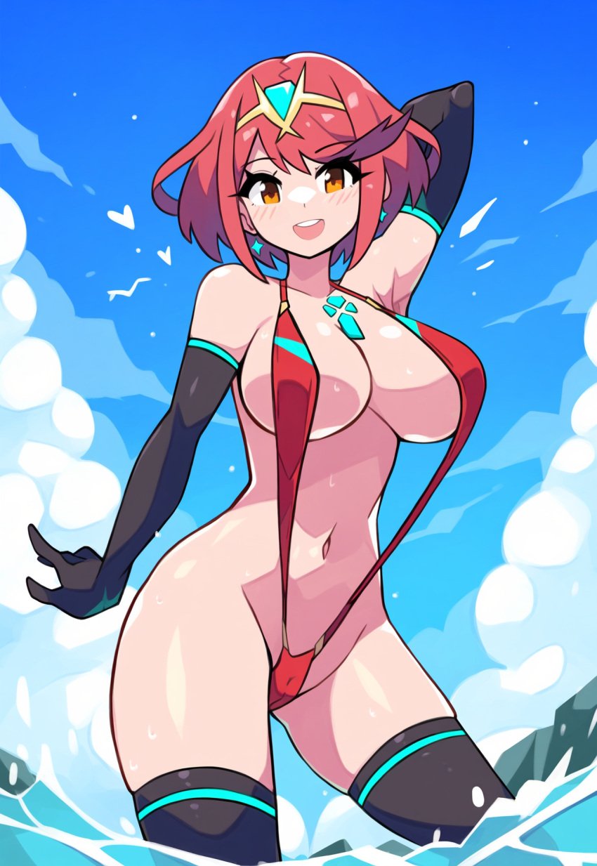 ai_generated cleavage elbow_gloves pyra pyra_(xenoblade) robofun sideboob sling_bikini slingshot_swimsuit thighhighs underboob useless_clothing xenoblade_chronicles_2