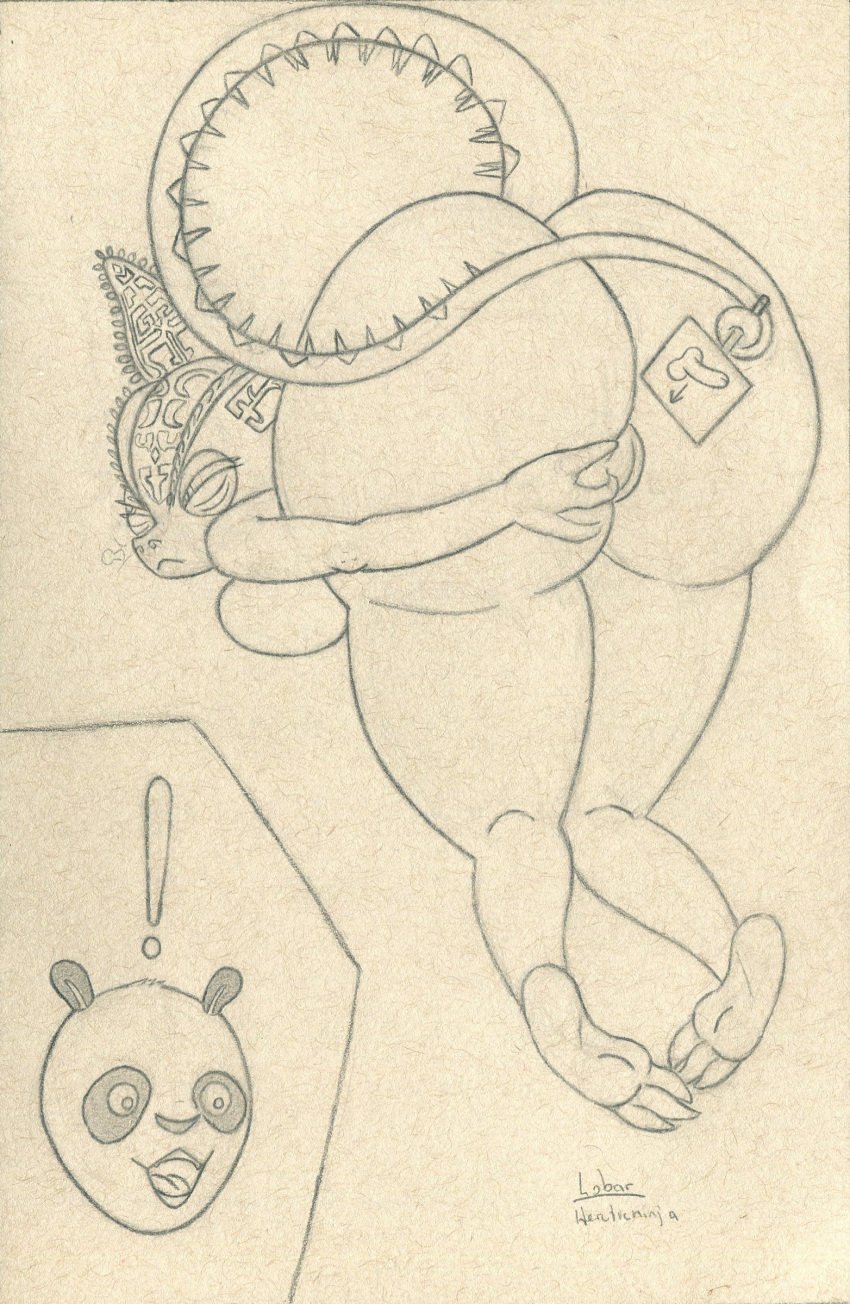 anthro ass bent_over big_butt chameleon_(kung_fu_panda) dreamworks embarrassed excited excited_expression excited_for_sex exclamation_point female genitals hi_res holding_object holding_sign huge_butt kung_fu_panda line_art lobar looking_away master_po_ping monochrome penis_drawing presenting presenting_pussy pussy sign simple_background solo thick_thighs traditional_media_(artwork)