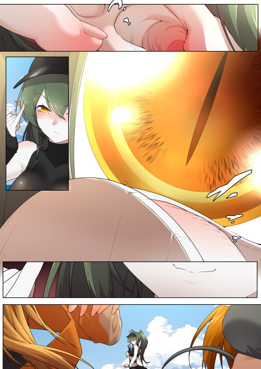 arknights beach bikini black_bikini dragon_eyes dragon_girl dragon_horns dragon_tail ear female fingers gavial_(arknights) giant_eyes giantess giga_giantess goddess green_hair macro_female macrophilia micro_male micro_on_macro micro_perspective shizeart yellow_eyes