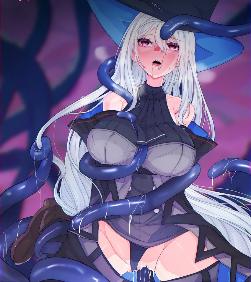 arknights ascot bare_shoulders black_ascot black_hat black_panties breasts brown_footwear clothing_aside commentary_request female hat highres large_breasts long_hair looking_up open_mouth panties panties_aside red_eyes restrained skadi_(arknights) solo tentacle tentacle_on_female tentacle_sex tsume3mai underwear vaginal_penetration white_hair