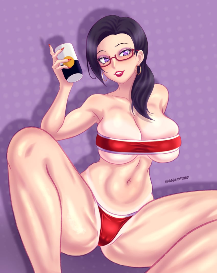 alcohol assymptoad beer bikini black_hair blush breasts cameltoe can cleavage demi-chan_wa_kataritai female glasses highres hoop_earrings jewelry large_breasts lips lipstick long_hair navel open_mouth ponytail purple_eyes satou_sakie simple_background smile solo spread_legs swimsuit tanline tanlines tube_top