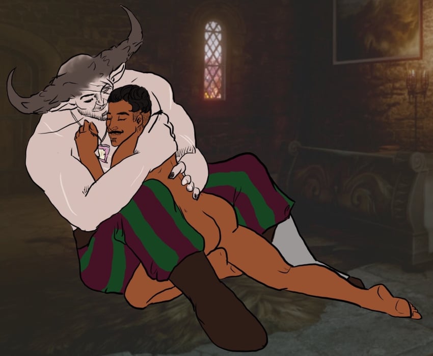 2boys anthro ass bara beard_stubble bed bedroom biceps black_hair boots candle candlelight candles canon_couple closed_eyes completely_nude couple cuddling dark-skinned_male dark_hair dark_skin day daylight door dorian_pavus dragon_age dragon_age_inquisition duo facial_hair fantasy feet fur_rug gay gay_male grey_body grey_skin half-dressed half_naked horn horns human iron_bull jewelry looking_pleasured mage male male/male male_only medieval moustache muscles muscular muscular_male naked naked_male necklace nude nude_male one_eyed painting pansexual_male pants pendant pointy_ears qunari rug scar scars shotce sitting size_difference spread_legs stone_wall stubble video_games window yaoi