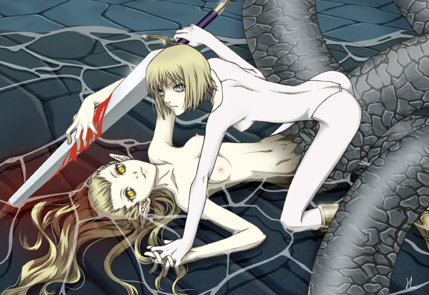 blood breasts clare_(claymore) claymore clothing lamia naga nipples ophelia_(claymore) small_breasts sword tagme