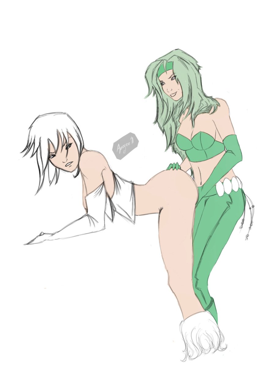 2girls ambiguous_penetration apogee_(artist) beatriz_da_costa bottomless clothed clothing dc duo female female_only fingering fire_(dc) green_hair ice_(dc) interracial justice_league justice_league_international multiple_girls smile tora_olafsdotter white_background white_hair yuri