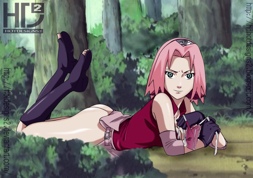 ass boots elhot female female_only forest hd2 hotdesigns2 human knee_boots looking_at_viewer naruto naruto_shippuden pink_hair sakura_haruno solo woods