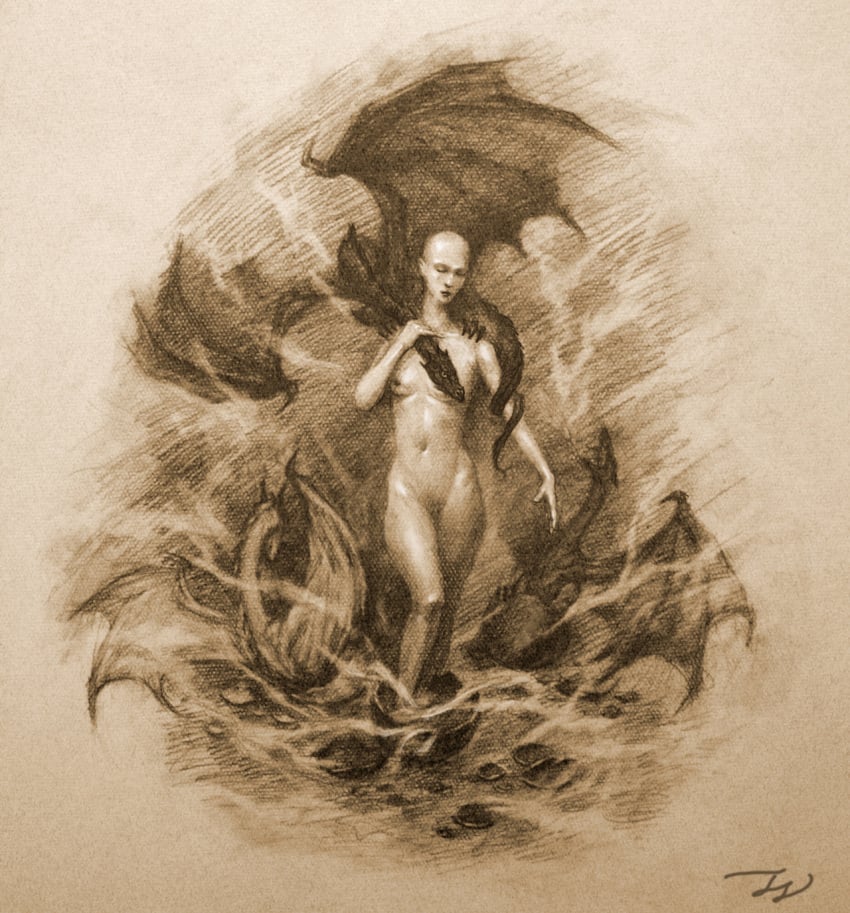 a_song_of_ice_and_fire bald bald_female daenerys_targaryen dragon lore_accurate monochrome naked no_bra no_clothes no_hair no_panties nude nude_female tagme