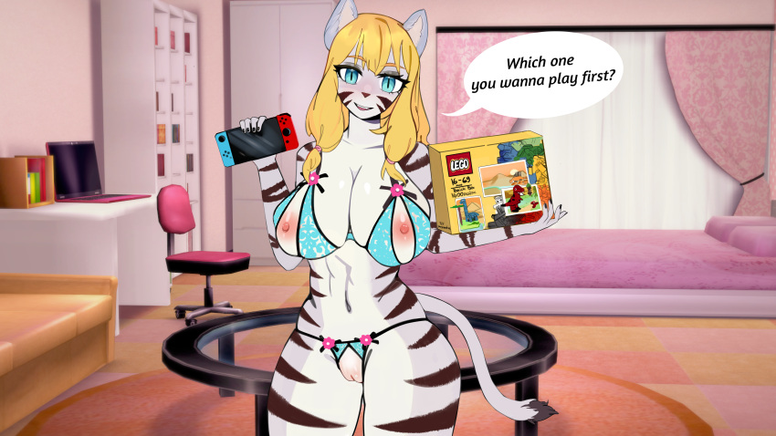 absurd_res anthro big_breasts blonde_hair bra breasts clothed clothing erika_(pistolpete) felid female fur genitals hair hi_res iokshinka lego lego_classic lego_set mammal nintendo nintendo_switch nipples pantherine pussy skimpy smile solo tail tiger underwear white_body white_fur