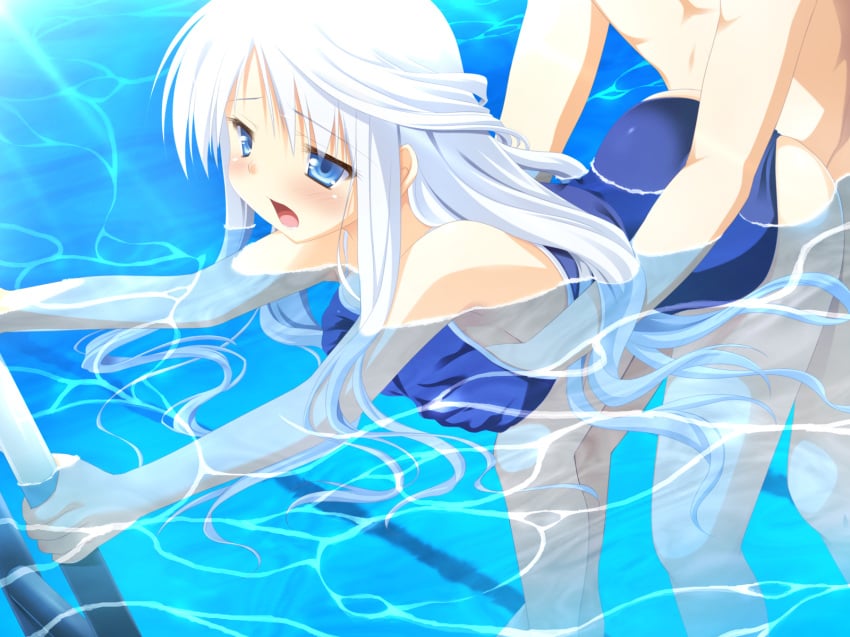 blue_eyes breast_grab game_cg long_hair nimura_yuushi oni_gokko pool saionji_otome sex swimsuit white_hair