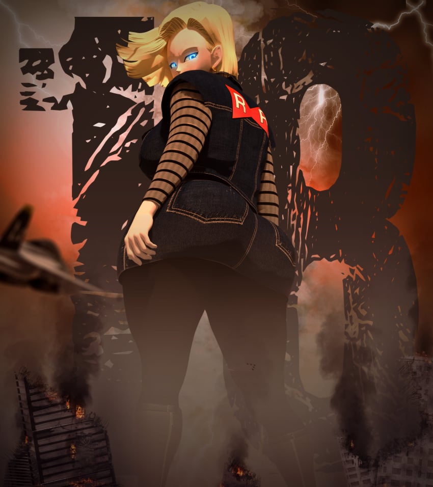 1girls 3d alternate_timeline android_18 big_butt blonde_hair daz3d destruction dragon_ball dragon_ball_z female female_only fully_clothed future_android_18 giantess glowing_eyes goddess jean_jacket jean_shorts jet kamicamie looking_at_viewer looking_down number plane red_ribbon smoking solo thick