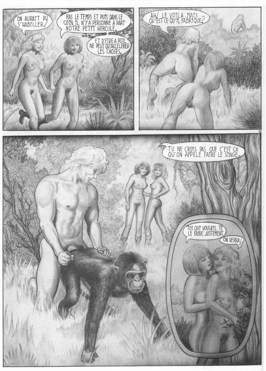 ass breasts closed_eyes female feral forest french_text human interspecies male monkey monochrome nude penis pubic_hair pussy sex speech_balloon straight text tree unknown_artist wood yuri zoophilia