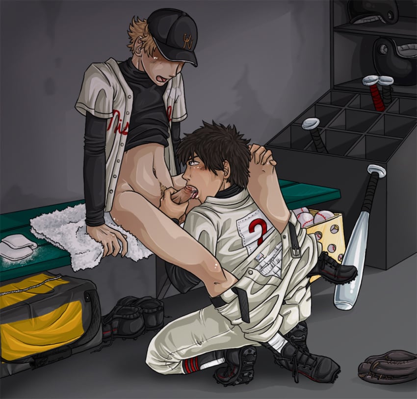 2boys abe_takaya ball baseball baseball_bat baseball_cap baseball_uniform bench gay hat jersey jock jock_slut locker_room male mihashi_ren multiple_boys ookiku_furikabutte oral penis sitting sports sports_uniform sportswear uncensored undressing yaoi