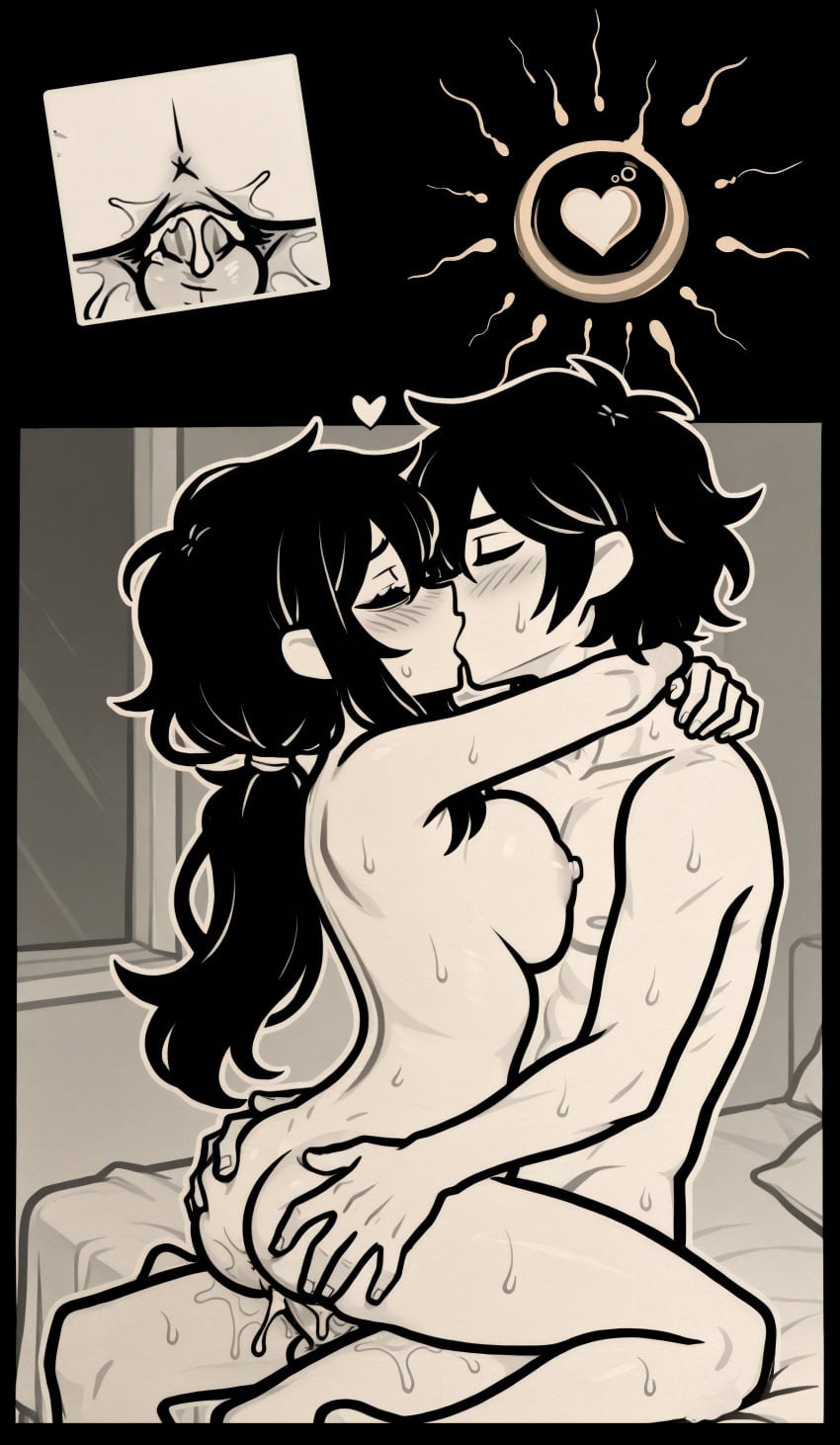 1boy 1girls accurate_art_style ai ai-created ai_generated andrew_graves ass black_hair blush breast_press breasts breasts_out closed_eyes cum cum_in_pussy cum_inside deep_kissing grabbing_another's_ass grabbing_from_behind hearts_around_head hug hugging_partner incest kissing medium_hair monochrome mother_and_son on_bed ponytail renee_graves sex shittyaistuff short_hair son_fucking_mother sperm_cell sperm_meets_ovum straddling sweat sweating the_coffin_of_andrew_and_renee the_coffin_of_andy_and_leyley upright_straddle vaginal_penetration vaginal_sex