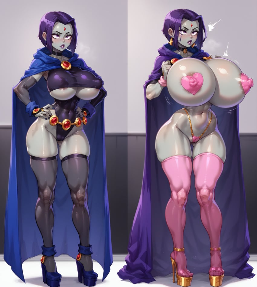 ai_generated before_and_after bimbo bimbo_body bimbofication bimbofied cape choker earrings grey_skin high_heels huge_breasts large_breasts leggings leotard otace pasties purple_eyes purple_hair raven_(dc) round_breasts thong