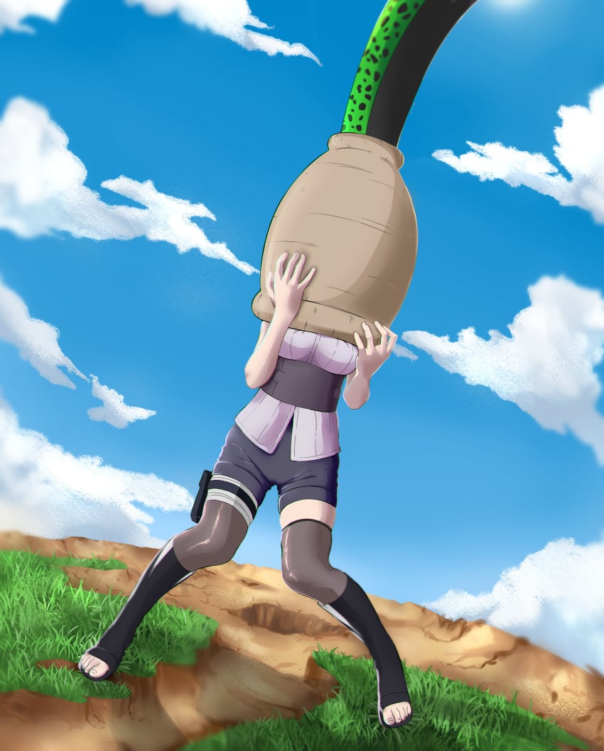 absorb absorption absorption_vore breasts cell_(dragon_ball) cell_vore crossover dragon_ball dragon_ball_super dragon_ball_z female fighting_back flesh_tunnel godvore hyuuga_hinata large_breasts naruto naruto_(series) struggling_to_get_out tail_vore vore