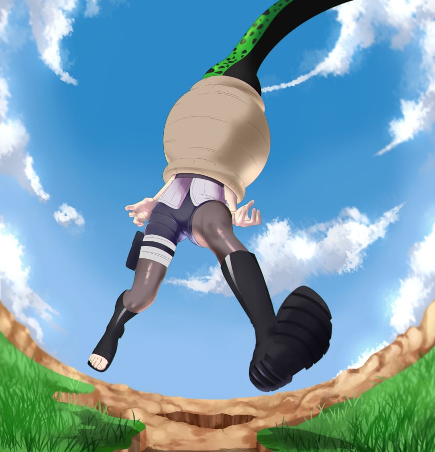 absorb absorption absorption_vore breasts cell_(dragon_ball) cell_vore crossover dragon_ball dragon_ball_super dragon_ball_z female fighting_back flesh_tunnel godvore hyuuga_hinata large_breasts lifted_by_another naruto naruto_(series) struggling_to_get_out tail_vore vore