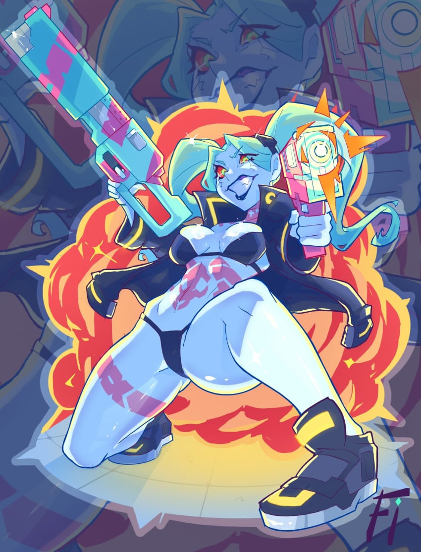 1girls big_thighs bikini bikini_bottom bikini_top breasts cyberpunk:_edgerunners fanart female firearm footwear frostedink gun handgun human medium_breasts no_nude outerwear pale_skin petite petite_body pinup pointing_gun rebecca_(edgerunners) shotgun thick_legs thick_thighs weapon