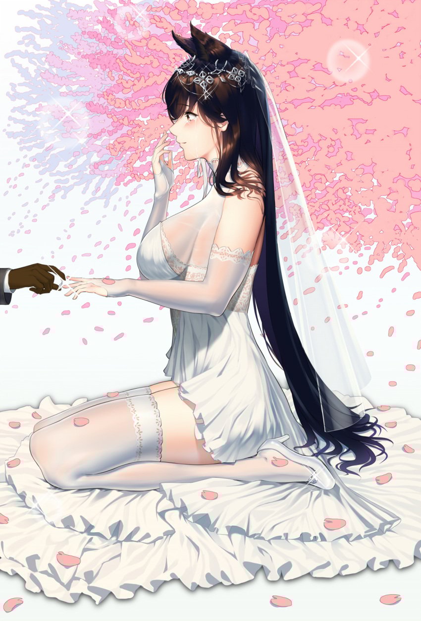 1boy 1girls animal_ears asian_female atago_(azur_lane) atago_(lily-white_vow)_(azur_lane) azur_lane breasts bride crying dark-skinned_male dark_skin edit female gt-apex high_heels highres interracial_couple light-skinned_female light_skin male sakura_empire_(azur_lane) subtle tears wedding_dress wedding_ring wholesome
