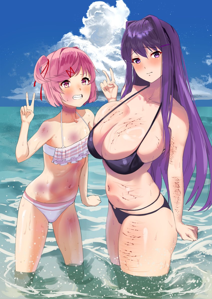 2females 2girls 5_fingers big_breasts bikini blood breasts bruise bruised bruises collarbone cuts cuts_on_arms cuts_on_chest cuts_on_thighs doki_doki_literature_club flat_chest flat_chested in_water long_hair natsuki_(doki_doki_literature_club) pink_eyes pink_hair purple_eyes purple_hair self_harm_scars short_hair suishi_chr_(artist) swimsuit swimwear_aside thighs water yuri_(doki_doki_literature_club)