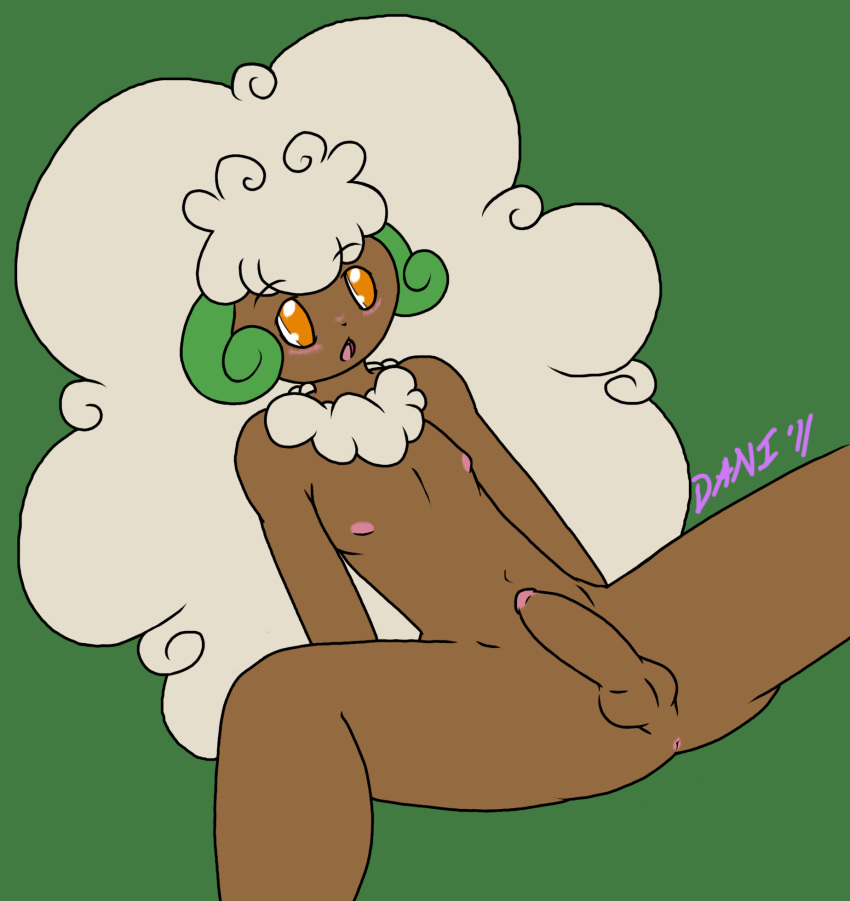 anthro anus ass balls blush color curly_hair daniruu dark_skin girly hair horn long_hair male male_only nipples penis pokemon sheep solo spreading whimsicott wool