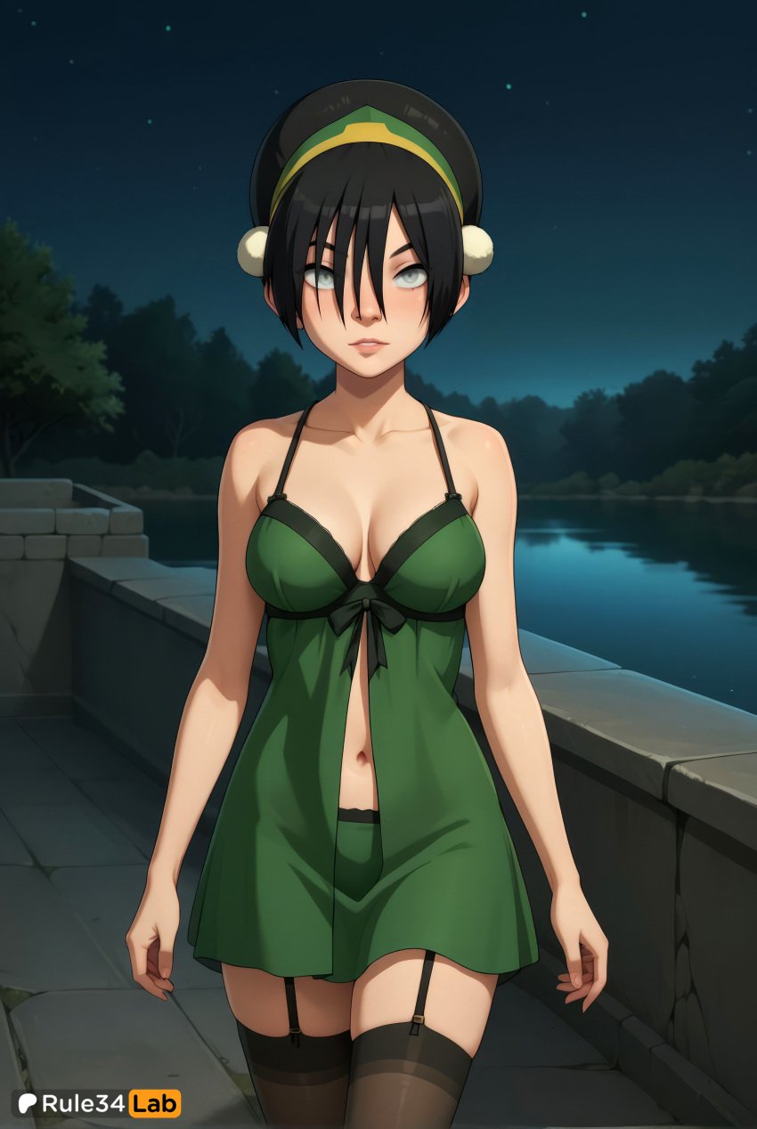 1girls aged_up ai_generated arms_at_sides artist_name avatar_legends avatar_the_last_airbender babydoll bare_arms bare_shoulders black_hair black_panties black_thighhighs blind breasts collarbone cowboy_shot garter_straps green_hairband grey_eyes hair_between_eyes hairband hi_res lingerie looking_at_viewer medium_breasts navel nickelodeon nicktoons night night_sky nightgown outdoors panties parted_lips patreon_logo patreon_username rule34lab short_hair sky solo standing star_\(sky\) starry_sky thighhighs toph_bei_fong tree underwear water