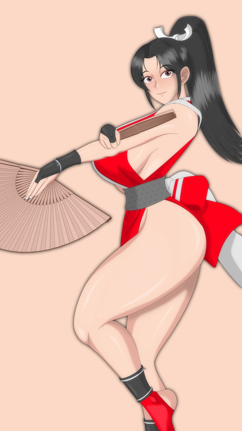 1girls big_breasts breasts dark_hair fan fatal_fury female female_focus female_only human human_female human_only king_of_fighters kunoichi light-skinned_female light_skin looking_at_viewer mai_shiranui pixiv_link ponytail ryle_k snk solo solo_female thick_thighs