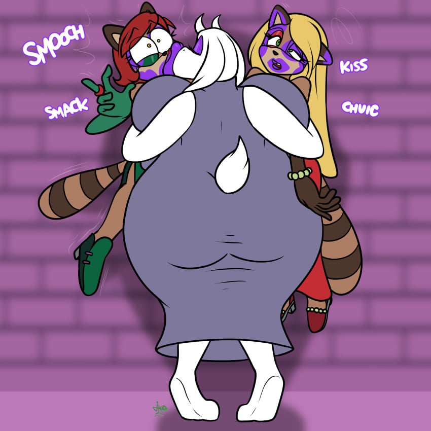 2d 2d_(artwork) 3girls anthro anthro_on_anthro big_ass blonde_hair carrying carrying_partner carrying_person closed_eyes eyelashes eyeshadow furry furry_female goat_girl goat_horns goat_tail jamearts kiss_mark kissing large_ass long_hair milf milf_love_young_woman purple_lips purple_lipstick raccoon raccoon_ears raccoon_girl raccoon_tail red_eyes short_hair size_comparison size_difference size_play tail threesome toriel twin twin_sisters undertale white_body