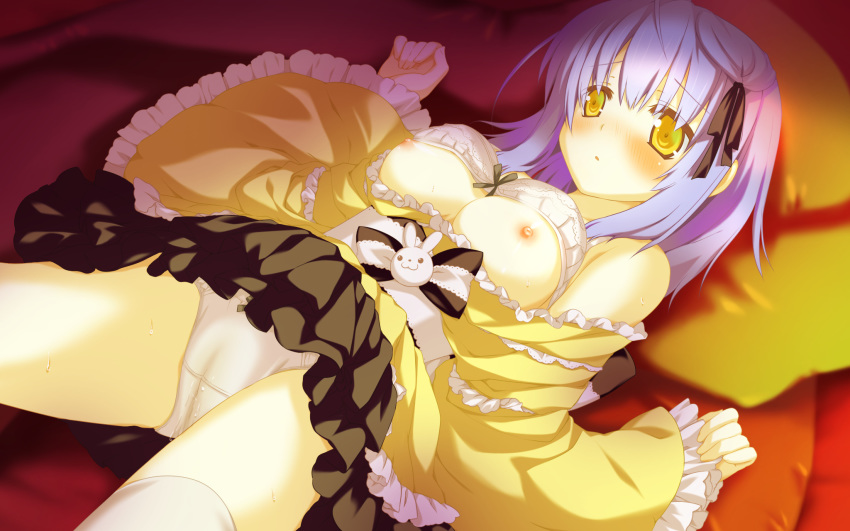 blush bra bra_pull breasts breasts_out bunny cameltoe hair_ornament highres irotoridori_no_sekai lingerie long_hair lying nipples on_back panties purple_hair shikishima_kyou underwear white_bra white_panties yellow_eyes