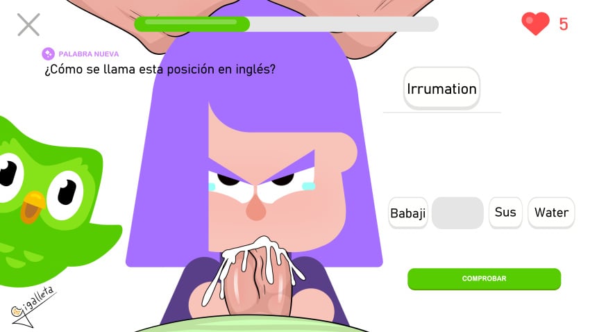 1boy blowjob cum cum_in_mouth cum_in_throat cum_inside duolingo female femsub gigalleta irrumatio lily_(duolingo) male maledom purple_hair questionable_consent straight teaching tears text