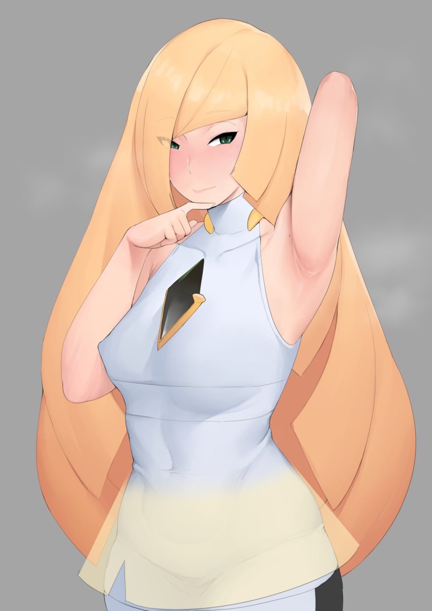 1girls armpit armpit_fetish armpit_focus armpits blonde_hair blush female green_eyes long_hair lusamine_(pokemon) mature_female milf moebell mother nintendo pokemon pokemon_sm solo solo_female steamy_armpits sweat