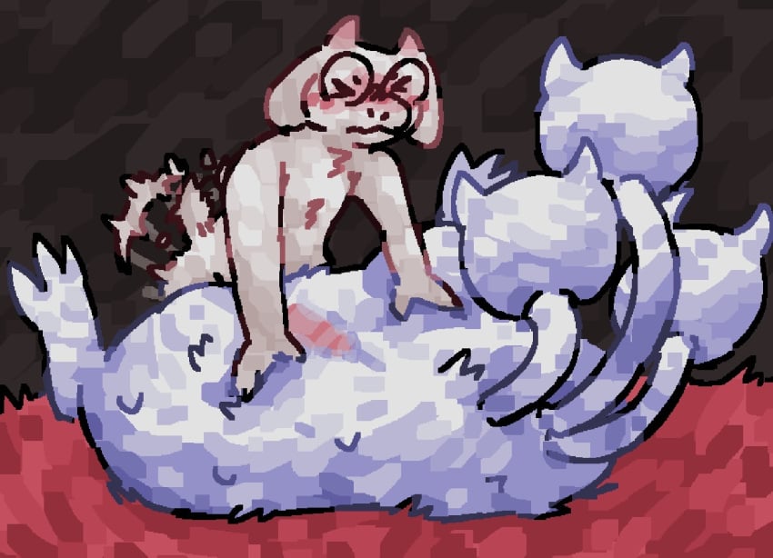 3_heads ambiguous_penetration black_background blush blush_lines bodily_fluids bovid canid canine caprine chest_tuft closed_eyes clover_(deltarune) deltarune duo embarrassed eyewear female fluffy fluffy_tail from_front_position glasses goat horn implied_vaginal looking_at_another looking_away looking_pleasured lying male male/female mammal missionary_position mouth_closed multi_head narrowed_eyes on_back penetration pink_horn ralsei red_grass scaliescum sex simple_background squint sweat tail tail_motion tailwag thrusting tuft undertale_(series) wearing_glasses white_body