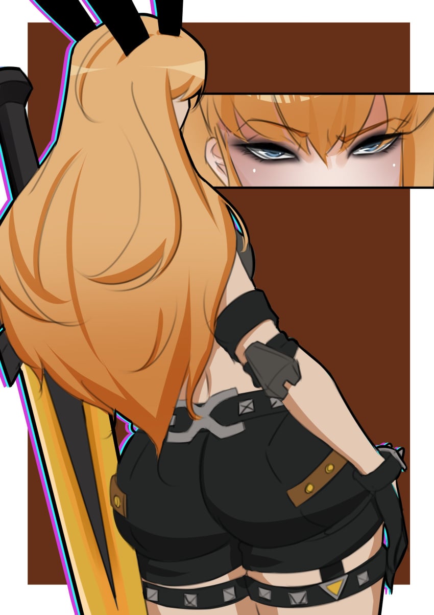 absurdres arm_at_side ass belt black_eyeshadow black_gloves black_shorts blonde_hair blue_eyes blue_outline border brown_background clothing_cutout elbow_pads eyeshadow female from_behind glove_cutout gloves hair_between_eyes hayashidraws headgear highres long_hair magik_(illyana_rasputin) magik_(marvel_rivals) makeup marvel marvel_rivals median_furrow outline outside_border purple_outline shorts single_elbow_pad solo studded_belt studded_thigh_strap sword thigh_strap weapon white_border