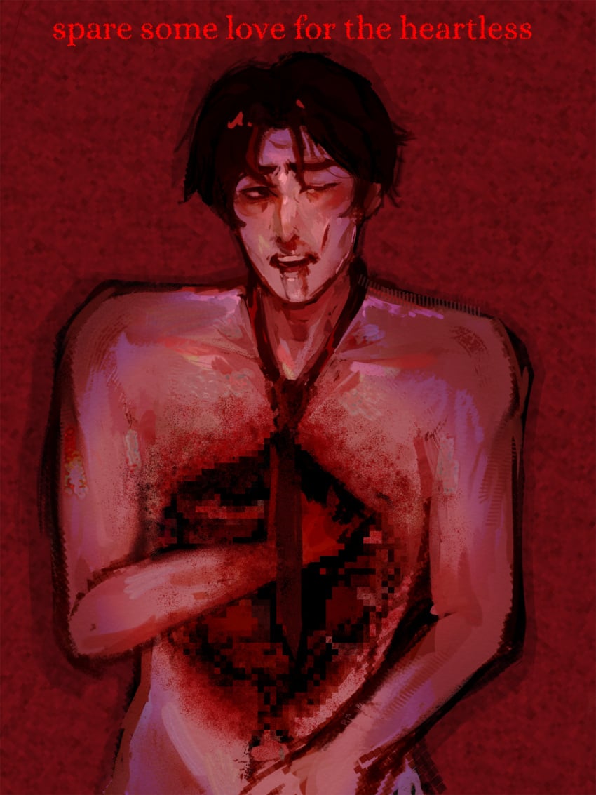 blood_in_mouth blood_stain brown_eyes brown_hair dimly_lit isamu_uchiumi male_only masturbation necktie skinny the_mimic wound wounded