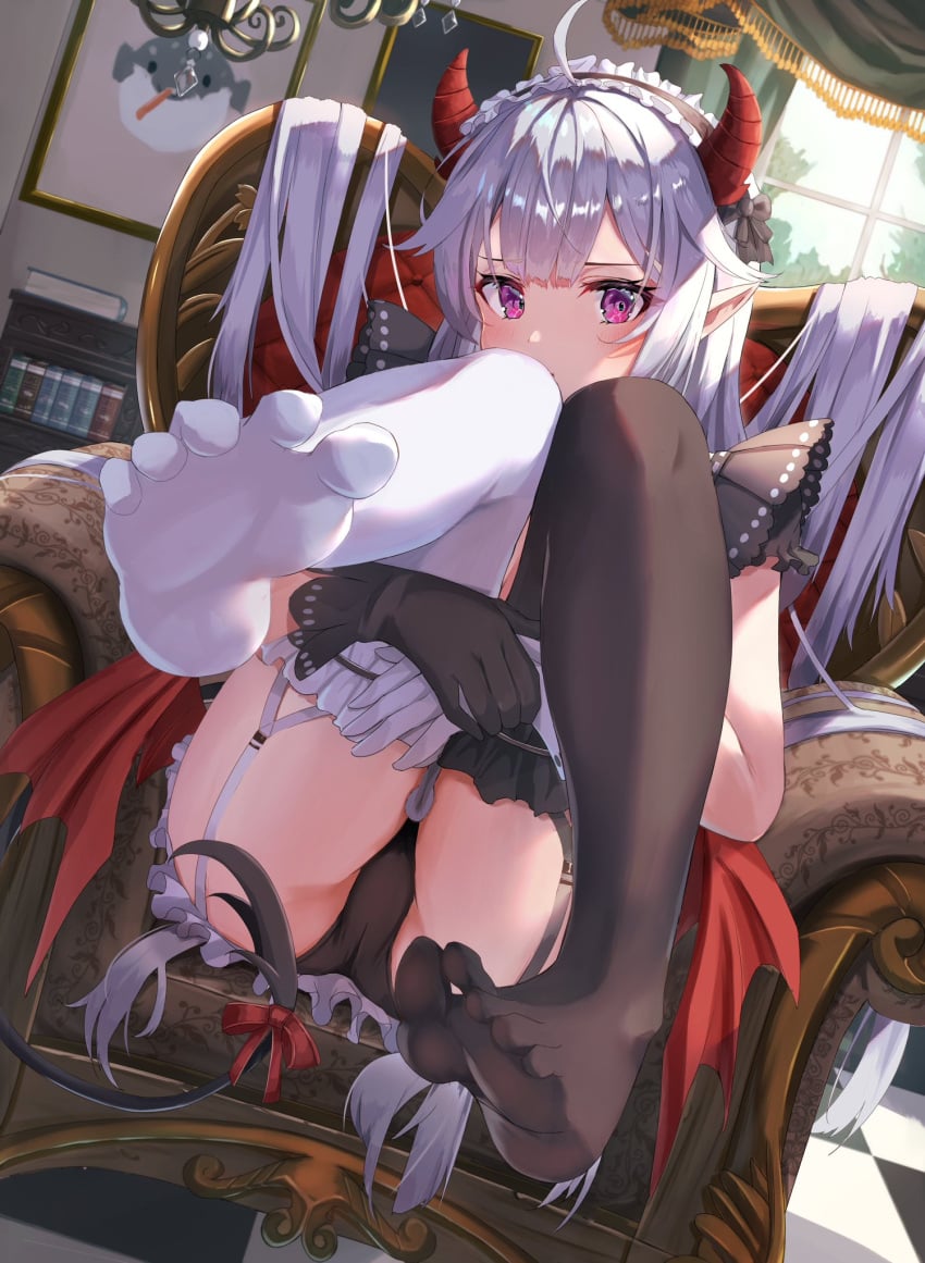 ahoge ass bangs black_gloves black_legwear black_panties chair demon_girl demon_horns demon_wings feet feet_up foot_focus full_body gloves hands_together hands_under_legs highres horns indoor indoors leg_hug legwear long_hair looking_at_viewer low_wings maid_headdress mismatched_gloves mismatched_legwear nose_(oekaki1825) panties pointy_ears purple_eyes red_horns red_wings short_sleeves silver_hair sitting succubus tail thighhighs thighs underwear veibae very_long_hair virtual_youtuber vshojo white_gloves white_legwear window