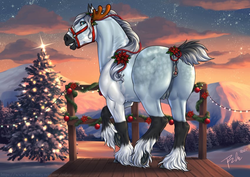 2025 animal_genitalia animal_vulva anus blue_eyes blue_sky cloud dated equid equine equine_anus equine_genitalia equine_vulva female female_feral feral fur genitals grey_body grey_fur grey_mane grey_tail grin hi_res horse looking_at_viewer mammal mane orange_sky outside plant rufciu signature sky smile solo star sunset tail tree white_body white_fur winter