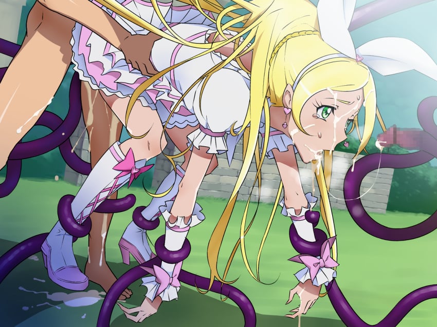 1girls blonde_hair censored clothed_sex clothing cum cum_on_face cure_rhythm dress facial female female_focus highres ice_place magical_girl minamino_kanade precure pretty_cure rape suite_precure tentacle