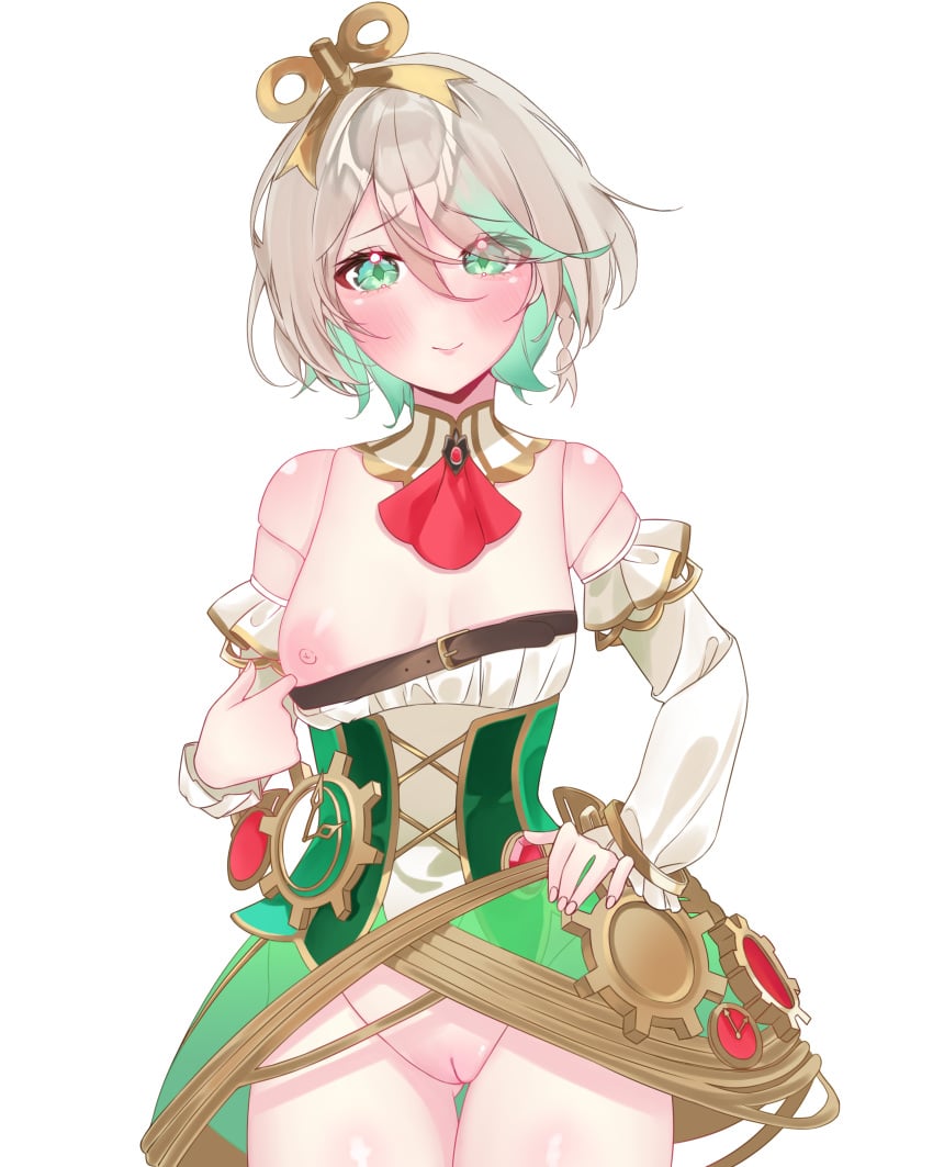 automaton cecilia_immergreen flashing flashing_breasts flashing_pussy flat_chested flustered green_eyes green_hair hololive hololive_english joints nipples_outside