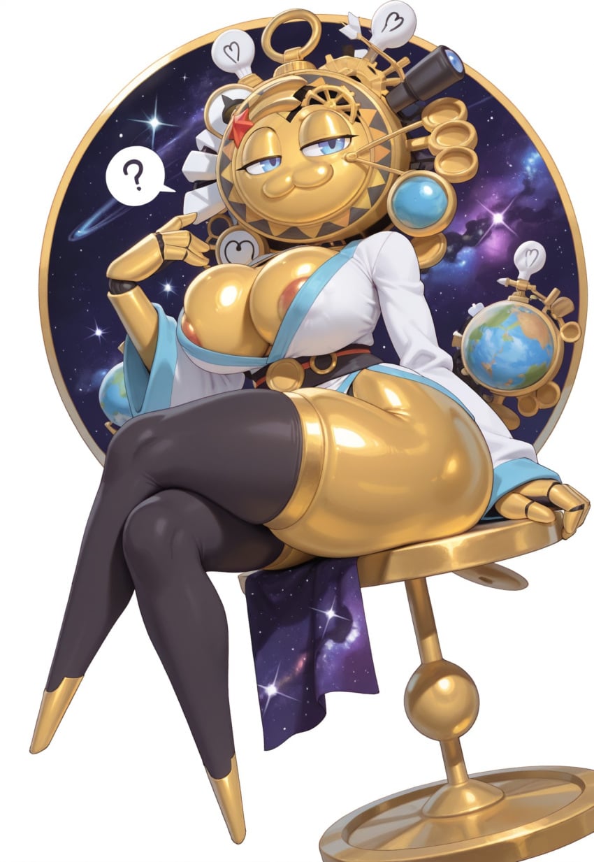 1girls :3 ai_generated anthro areola_slip barely_contained barely_contained_breasts benero black_pantyhose blue_eyes clock crossed_legs female galactic_nova globe gold_(metal) half-closed_eyes hand_up kimono kirby_(series) large_breasts lightbulb looking_at_viewer machine metallic_body no_feet obi pantyhose question_mark robot robot_girl sitting space space_background speech_bubble thick_thighs thighhighs thighs wide_hips yellow_body