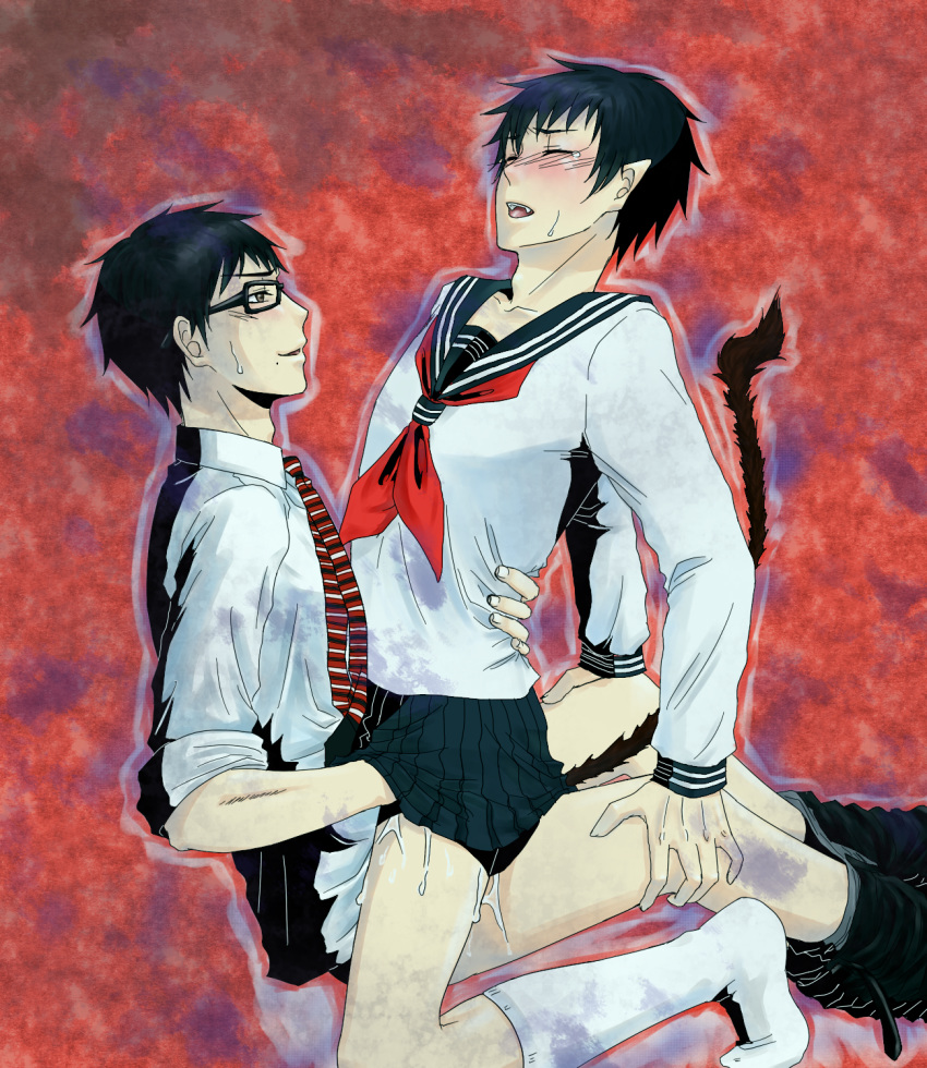 2boys ao_no_exorcist brothers crossdressing cum glasses highres incest male manly_crossdresser multiple_boys okumura_rin okumura_yukio pointy_ears school_uniform siblings tail twins yaoi