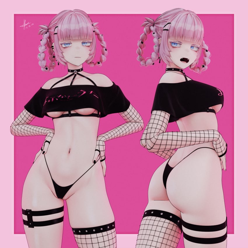 3d bubble_butt call_of_the_night fishnet_armwear fishnet_legwear fishnets girl goth goth_girl kleymir nanakusa_nazuna pink_hair short_hair skindentation string_bikini underboob vampire yofukashi_no_uta