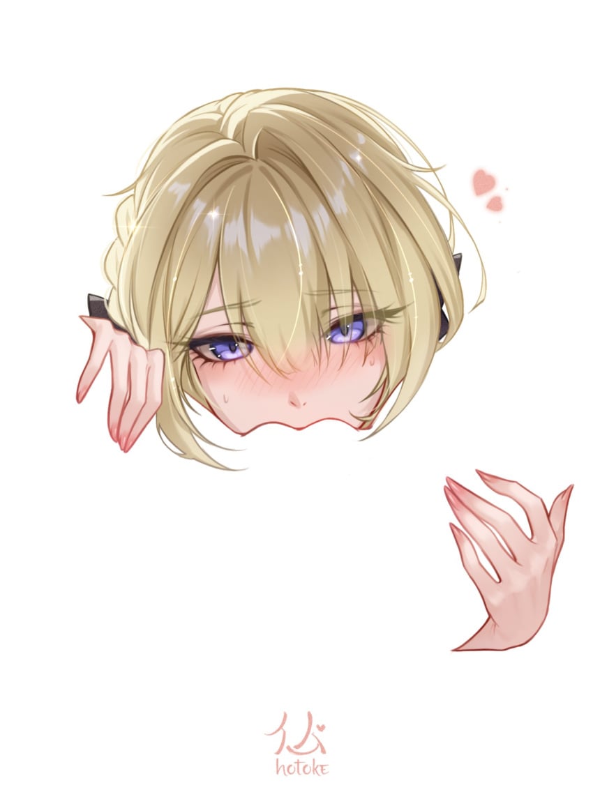 2girls blonde_hair blush commentary cunnilingus evelyn_chevalier female_pov hand_on_another's_thigh heart highres hotokeshiz looking_at_viewer meme multiple_girls negative_space_cunnilingus_(meme) oral pov purple_eyes simple_background sweat white_background yuri zenless_zone_zero