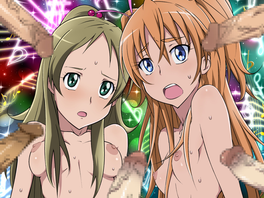 2girls afraid blush breasts censored female highres houjou_hibiki ice_place male minamino_kanade multiple_girls nipples nude open_mouth penis precure pretty_cure small_breasts suite_precure