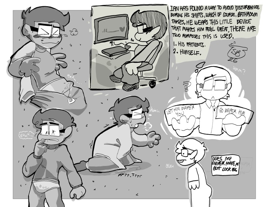 2d blush diaper diaper_fetish ian_(rhythm_doctor) ibispaintx loose_pants meta:purposely_bad_drawn monochrome no_color no_visible_genitalia onomatopoeia pantsless peeing piss_soaked pissing_on_floor rhythm_doctor simple simple_background sweating text toony_face trembling trembling_for_pleasure