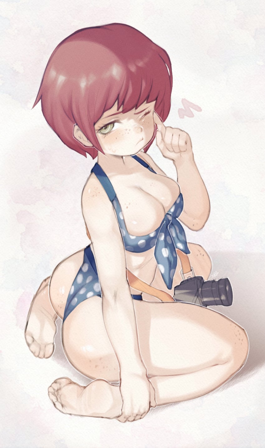 1girls 2026 ass bikini blue_bikini breasts camera cleavage danganronpa danganronpa_2:_goodbye_despair feet female female_only freckles freckles_on_breasts freckles_on_face freckles_on_shoulders green_eyes koizumi_mahiru one_eye_closed onimiere pink_background polka_dot polka_dot_bikini red_hair short_hair thick_thighs thighs