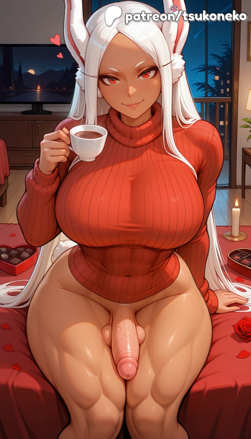 1futa 2026 ai_assisted ai_generated anime artist_name boku_no_hero_academia breasts christmas cock condom condom_wrapper dark-skinned_futa dark_skin dick erection explicit flower futa_only futanari hi_res high_quality high_resolution highres indoors long_hair mirko miruko my_hero_academia patreon patreon_username penis petals red_eyes ribbed_sweater rose rumi_usagiyama smile solo spilling stable_diffusion sweater testicles tsukoneko valentine's_day valentines_day watermark window